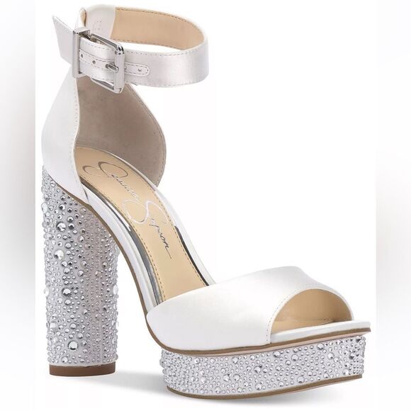 Jessica Simpson Everyn White Matte Satin Rhinestone Platform Heeled Sandals New